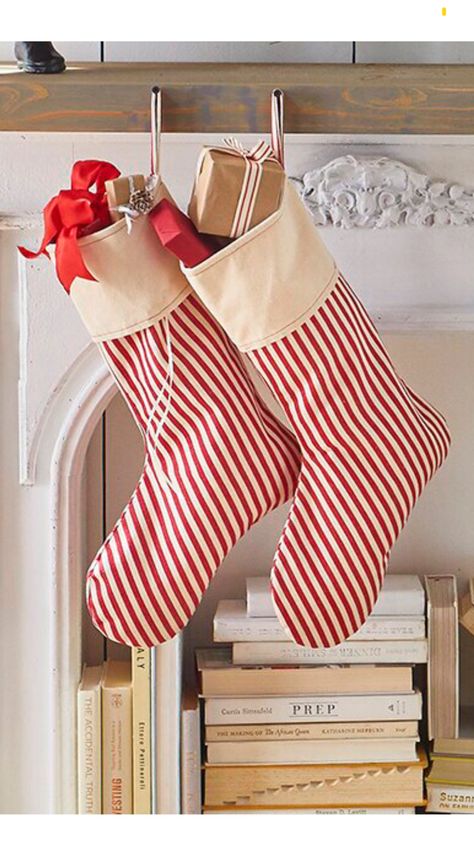 Striped Christmas Stocking, Christmas Boots, Christmas Accents, Ticking Fabric, Stocking Pattern, Holiday Stocking, Holiday Stockings, Ticking Stripe, Farmhouse Christmas Decor