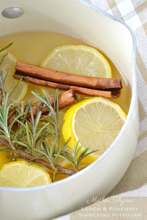 lemon, rosemary& vanilla scent. 1 lemon, sliced 1 large sprig of rosemary 2 cinnamon sticks 1 teaspoon vanilla extract 1-2 cups water In a small saucepan add lemon, rosemary, cinnamon sticks & vanilla extract. Fill with water so there is about 1-2 inches of water. Bring to boil over medium-high heat. Reduce to simmer & continue to simmer on low & adding water if necessary. Should last a couple of days. Rosemary Potpourri, Mother Thyme, Homemade Potpourri, Simmer Pot Recipes, Simmering Potpourri, Potpourri Recipes, Aromatherapy Recipes, House Smell Good, Lemon Rosemary