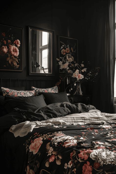 Intricate Wallpaper, Statement Curtains, Moody Kitchens, Moody Bedrooms, Dark Bedroom Ideas, Dark And Moody Bedroom, Moody Decor, Feminine Decor, Floral Bedroom