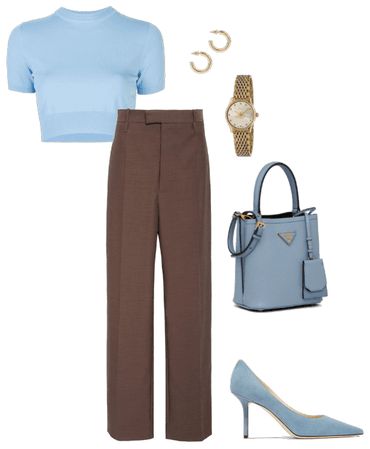 Powder Blue And Black Outfit, Sky Blue Heels Outfit, Sky Blue And Brown Outfit, Sky Blue Pants Outfit For Women, Dark Brown And Blue Outfit, Brown Pants Blue Top, Blue And Brown Outfit Aesthetic, Baby Blue And Brown Outfit, Baby Blue Color Combinations Outfit