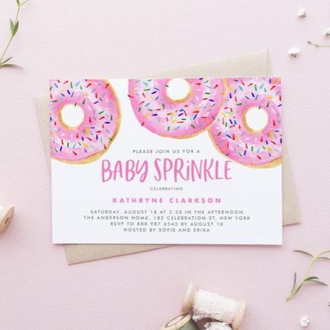 $2.65 | Watercolor Pink Sprinkle Donuts Baby Sprinkle | Baby Shower Invitations | baby sprinkle, donut baby sprinkle, watercolor, it's a girl, baby sprinkle invitation, watercolor donut, donut baby sprinkle invitation, pink sprinkle donut, donut, it's a girl invitation Donut Birthday Party Invitations, Donuts Sprinkles, Baby Sprinkle Invitations, Sprinkle Invitations, Brunch Invitations, Carton Invitation, Bridal Shower Invitations Templates, Invitation Baby Shower, Baby Shower Invites For Girl