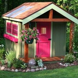 Kids Cottage Playhouse - Foter Backyard Playhouse Ideas, Pink Doors, Garden Playhouse, Backyard Playhouse, Playhouse Ideas, Build A Playhouse, Wendy House, Playhouse Outdoor, Backyard Shed