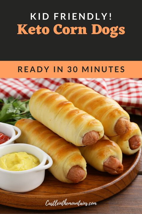 Keto Corn Dogs are fun to eat and easy to make. Busy Keto Mama's ( and Dad's) don't always have time to make a separate meal for the kids. On this site we try to keep Keto Simple so that it's easy to stick with. But we know that kids aren't always down for leftovers ( the easiest Keto Meal). So we developed this recipe with families in mind. Keep everyone happy without kicking yourself out of Ketosis. #ketocorndogs #easyketo #ketoforbusypeople via @https://www.pinterest.com/castleinthemountains/ Keto Bratwurst Recipes, Keto Hot Dog Recipes, Keto Dad Recipes, Keto Corn Dogs, Keto Simple, Corndog Recipe, Low Carb Flour, Corn Dog, Low Carb Baking