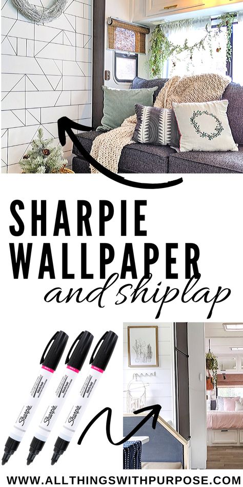 Sharpie Wallpaper, Kardashian Home, Sharpie Paint Pens, Faux Shiplap, Rv Renovations, Up House, Remodeled Campers, Ship Lap Walls, Small Wall