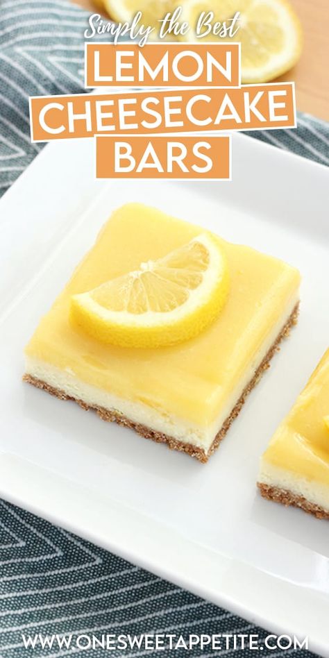 These double lemon cheesecake bars are the perfect combination of sweet and citrus! Made with an easy graham crust and topped with two layers of lemon! Perfect make-ahead recipe and freezer friendly! Limoncello Cheesecake Bars, No Bake Lemon Cheesecake Bites, Make Ahead Lemon Desserts, Lemon Curd Cheesecake Bars, Lemon Bar Cheesecake, Easy Lemon Cheesecake Bars, Cheesecake Lemon Bars, Lemon Cheesecake Squares, Lemon Cheesecake Bars Recipe