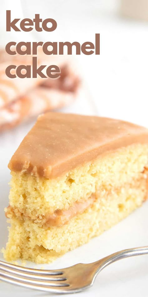 This rich and delicious keto caramel cake is possibly the best low carb dessert ever! Tender almond flour cake with a rich sugar-free caramel frosting. You won't believe your tastebuds. Blow your friends' minds that the keto diet can be THIS GOOD! #ketobaking #caramelcake #ketocake #caramelfrosting #sugarfree Almond Flour Vanilla Cake, Keto Brood, Keto Caramel, Caramel Cake Recipe, Caramel Glaze, Love At First Bite, Low Carb Dessert, Keto Cake, Keto Brownies