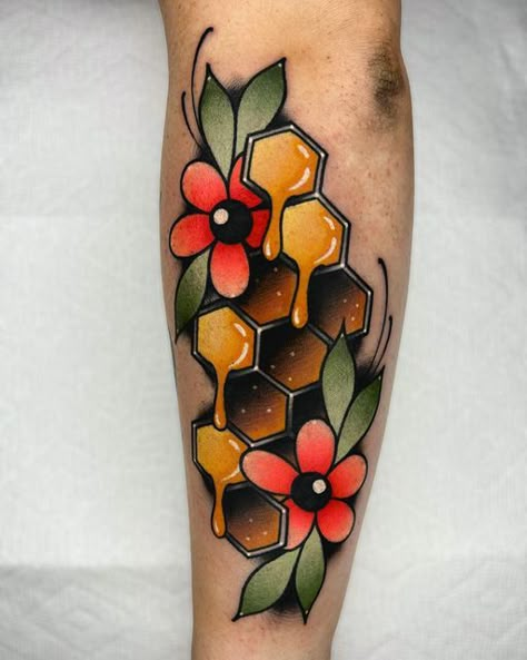 Neo Traditional Color Tattoo, Traditional Honeycomb Tattoo, Honey Tattoo Traditional, Honeycomb Tattoo Traditional, Neotraditional Filler Tattoo, Colorful Elbow Tattoo, Bold Color Tattoo, Neotraditional Elbow Tattoo, American Traditional Honey Bee Tattoo