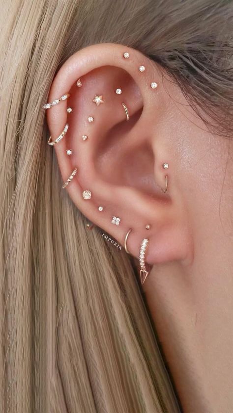 Ear Piercing Jewelry & Cartilage Earrings | Impuria on Reels | Three Flat Ear Piercings, Cartlidge Earring Idea, 3 Forward Helix Piercing, Cute Cartlidge Piercing, Cartlidge Earring Ideas, Pericings Ideas Ears, Cartlidge Earring Placement, Full Ear Piercing Ideas, Flat Ear Piercings Ideas