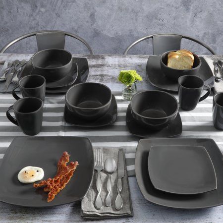 Dinnerware Sets Walmart, Soho Lounge, Square Dinnerware Set, Black Dinner, Casual Dinnerware, Stoneware Dinnerware Sets, Entertaining Friends, Square Plate, Stoneware Dinnerware