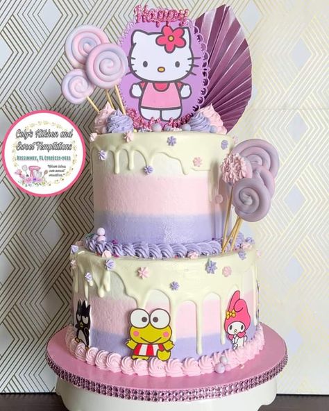 Hello Kitty 18th Birthday Cake, Purple Hello Kitty Cake, Sanrio Birthday Cake Ideas, Hello Kitty And Friends Cake Ideas, Hello Kitty And Friends Birthday Cake, Sanrio Cake Ideas, Hello Kitty Cake Design Birthday, Hello Kity Cakes, Hello Kitty And Friends Party