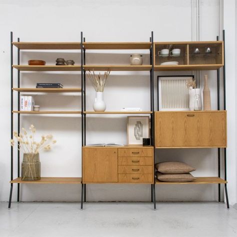 Scandinavian Shelving, Scandinavian Shelves, Narrow Shelves, Metal Shelving Units, Oak Wall, Shelving Design, Bookcase Wall, Tv Furniture, Shelving Systems