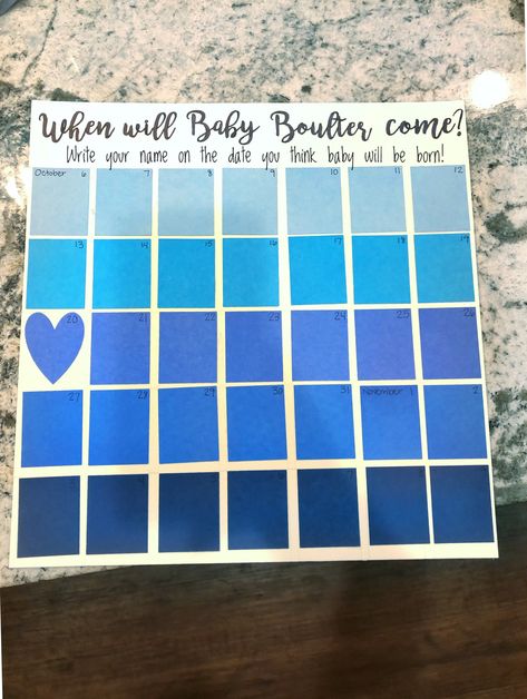 DIY calendar for guests to guess when baby will arrive. Heart for actual due date - fun/cheap/easy Due Date Guessing Calendar, Diy Guess The Due Date Calendar, Due Date Calendar Game Diy, Guess The Date And Weight Calendar, Baby Shower Due Date Calendar, Guess Due Date Calendar, Guess The Due Date Game, Guess The Birth Date Calendar, Baby Shower Guess The Due Date