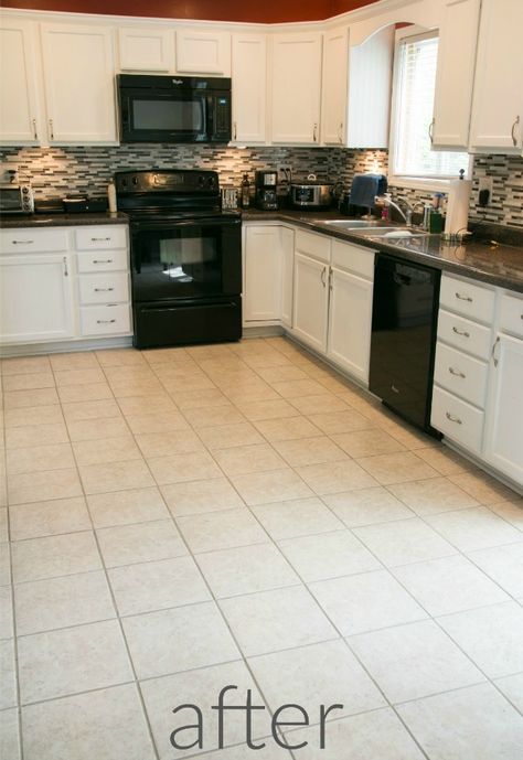 How To Change Grout Color For Less Than 20 Beige Tile Kitchen Floor, Change Grout Color, Beige Tile Kitchen, Tile Grout Color, Grout Renew, Beige Floor Tile, Floor Tile Grout, Budget Kitchen Makeover, Floor Grout