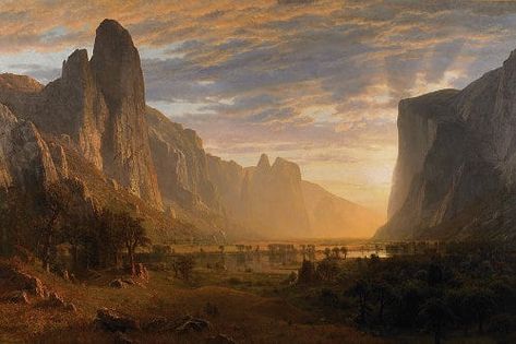 Looking Down Yosemite Valley, by Albert Bierstadt, 1865. Parks Landscape, Albert Bierstadt Paintings, Famous Landscape Paintings, Albert Bierstadt, Hudson River School, Romantic Period, Yosemite Valley, Hudson River, Landscape Artist