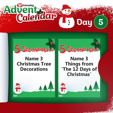 Day 5 of our Advent Calendar: 16 Christmas themed 5 Second Rule cards you can print out and play at home! ⏳🎅 It should be easy to name 3 reindeer — but can you do it in 5 seconds or less? You can mix them in with your other 5 Second Rule cards, or play it on it's own   - all you need to play is a 5 second timer. You can use one from the game, an hourglass or on a phone.  Shuffle the cards and put them face down on the table Draw a card and read it aloud to the first player, then start t Christmas 5 Second Game, Christmas Questions, 5 Second Rule, Free Christmas Printables, Print Out, Printable Christmas, Christmas Games, 12 Days Of Christmas, 5 Seconds