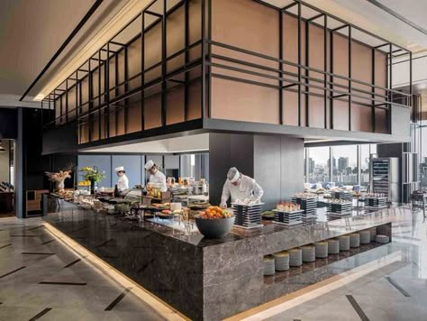 Buffet Interior Design, Buffet Restaurant Design, Open Kitchen Restaurant Design, Hotel Kitchen Design, Kitchen Restaurant Design, Open Kitchen Restaurant, Restaurant Lighting Design, Restaurant Kitchen Design, Hotel Buffet