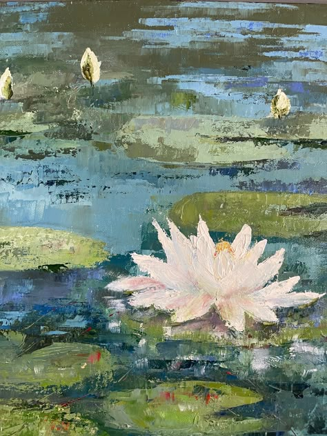 Enhance the tranquility of any space with Serenity Water Lily. This solo water lily, expertly painted in oils, floats gracefully on the water's surface. Create a serene environment with the skillful craftsmanship and peaceful beauty of this elegant piece. Original painting is now in Print Print on canvas stretched ready to hang 11 x 14 inches Water Related Art, Water Paint Wallpaper, Water Surface Painting, Lily Pads Painting, Monet Water Lilies Painting, Lily Pond Painting, Art Print Ideas, Elegant Paintings, Neutral Paintings