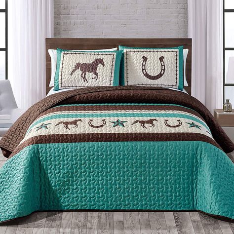 Free 2-day shipping. Buy Western Teal/Beige/Brown Horseshoe, Horse, Barb Wire Cowboy Print Bedspread 3 Piece Southwestern Cabin Lodge Design Coverlet Quilt Set- JENA (King) at Walmart.com Southwestern Cabin, Western Bedspreads, Teal Bedding Sets, Horse Themed Bedrooms, Horse Bedroom, Western Bedrooms, Horse Room, Cowboy Print, Horse Bedding