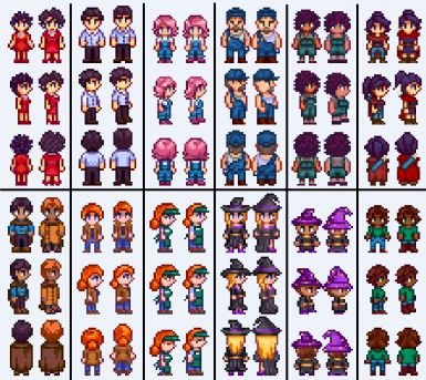 These are my replacement sprites for NPCs in Stardew Valley Expanded (Andy, Olivia, Susan, Victor, etc) that are more in line with the 'Slightly Cuter Character Sprites' mod by Poltergeister. Stardew Valley Avatar, Sprite Template, Stardew Valley Expanded, Stardew Valley Fanart, Sprite Sheet, Piskel Art, Party Characters, Easy Pixel Art, Pixel Art Characters