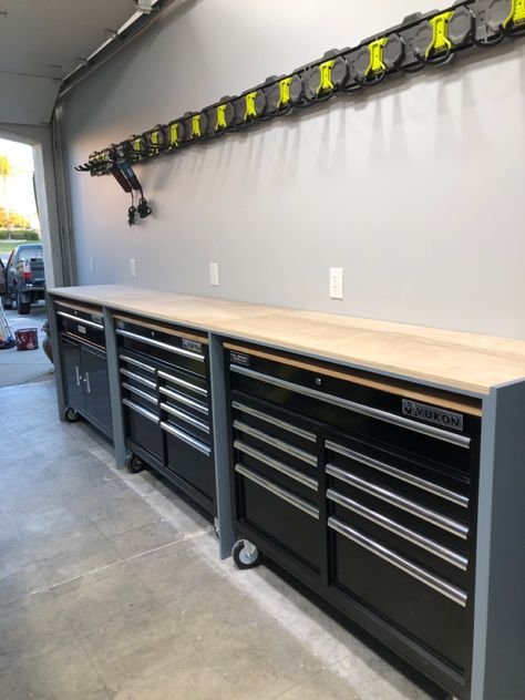 Garage Tool Bench Organization, Tool Box Work Bench Ideas, Husky Cabinet Garage, Garage Tool Bench Ideas, Garage Redesign, Garage Wall Cabinets, Toolbox Organizer, Garage Workbench Plans, Garage Storage Inspiration