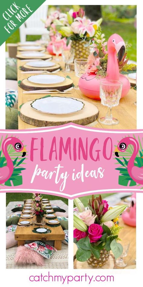 Take a look at this amazing flamingo party! Love the table settings! See more party ideas and share yours at CatchMyParty.com #catchmyparty #partyideas #flamingo #flamingoparty #girlbirthdayparty Flamingo Bday Party Ideas, Flamingle Party Food, Flamingo Retirement Party Ideas, Flamingo Party Table Decor, Flamingo Tea Party, Flamingo Graduation Party, Flamingo Charcuterie Board, Flamingo 40th Birthday Party, Flamingo Table Setting