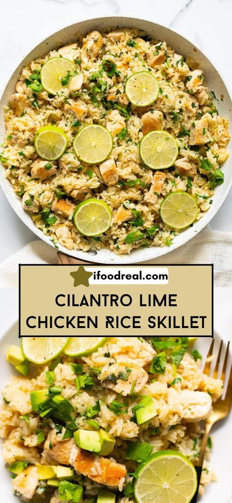 Cilantro Lime Chicken Rice Skillet is a 30ish minute, one pan meal with tender chicken, fresh cilantro, and tangy lime. Perfect for a flavorful weeknight dinner! Cilantro Lime Chicken Rice Skillet, One Pan Cilantro Lime Chicken And Rice, One Pot Cilantro Lime Chicken And Rice, Chili Lime Chicken And Rice, Chicken With Cilantro Lime Rice, Cilantro Lime Rice With Chicken, Cilantro Chicken Recipes, Cilantro Lime Rice Chicken, Cilantro Lime Rice And Chicken