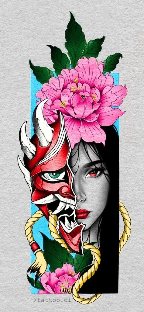 Geisha Hannya Tattoo Design, Colourful Japanese Tattoo, Geisha Hanya Tattoo Design, Colour Japanese Tattoo, Neo Traditional Japanese Tattoo Design, Japanese Tattoo Stencil Design, Geisha Tattoo Design Colored, Neo Traditional Japanese Tattoo Sleeve, ဂျပန်မ Tattoo