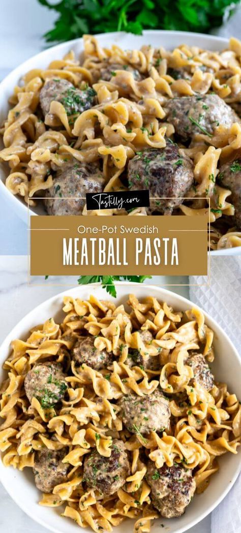 One-Pot Swedish Meatball Pasta Meatball Alfredo Pasta, Meatball Dinners, Swedish Meatball Pasta, Meatballs And Pasta, Easy Honey Garlic Chicken, Meatballs Pasta, 1 Pot Meals, New Dinner Ideas, Ranch Chicken Casserole