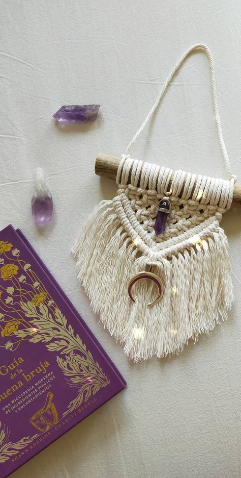 Mini Macrame Hanging Wall with Moon & Amethyst  ✩ Do you want a small macrame magical piece to put wherever you want? Add a magical touch wherever you place it ✩ ✩ Made with wood taken from the forest and treated naturally by me, natural cotton rope, real stones and a silver moon charm.  ✩ With a layer of protective spray to prevent stains, dirt and deterioration, although I recommend that keep it away from sunlight and water.  ☽ Product made to order, the final appearance may vary ☽ Approximate Macrame Mini Wall Hanging, Macrame Creations, Mini Macrame Wall Hanging, Driftwood Macrame, Macrame Wall Hanger, Boho Macrame Wall Hanging, Small Macrame, Wall Hanging Macrame, Macrame Wall Decor