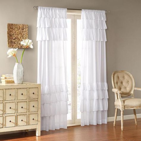 Window Treatments - Joycelyn Cotton 84-Inch Oversized Ruffle Curtain Panel | Overstock.com - white ruffle drapes, white ruffle curtains, white ruffle panel, ruffled cotton drapes, ruffled cotton curtains, Rideaux Shabby Chic, Ruffle Curtains, Home Essence, No Sew Curtains, Lush Decor, Drape Panel, White Living, White Living Room, Rod Pocket Curtain Panels