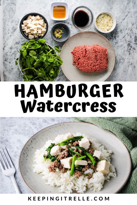 Hamburger watercress: savory bits of ground beef sauteed in an umami packed sauce tossed with vibrant green watercress and refreshing tofu. One of Hawai’i’s favorite comfort foods. Pork And Watercress Recipes, Pork Watercress Tofu, Pork Watercress Soup Hawaiian, Hamburger Watercress, Pork Tofu Watercress Recipe, Ono Kine Recipes, Hawaii Recipes, Watercress Recipes, Watercress Soup