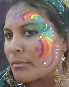 Carnaval Make-up, Rainbow Face Paint, Festival Face Paint, Festival Paint, Adult Face Painting, Cheek Art, Girl Face Painting, Festival Face, Rainbow Face