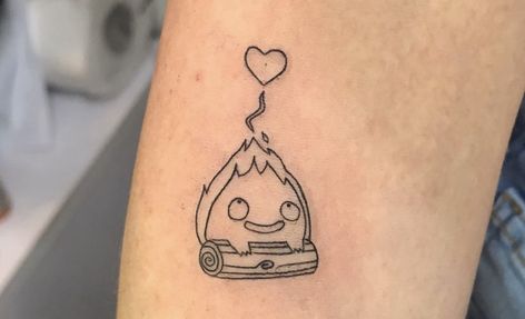 Calcifer Tattoo Black And White, Calcifer Tattoo, Funny Small Tattoos, Bff Tats, Studio Ghibli Tattoo, Bestie Tattoo, Ghibli Tattoo, Matching Tattoo, Discreet Tattoos