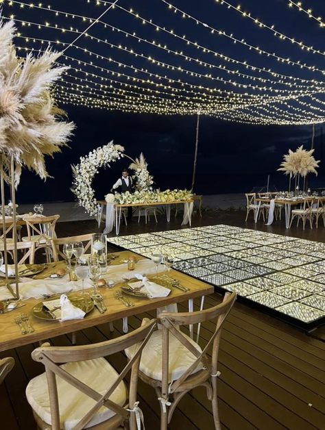 Aesthetic Wedding Venues Beach, All White Wedding Reception Outdoor Twinkle Lights, Glitz And Glam Sangeet Decor, Beach Wedding Night Lights Tents, Sangeeth Decors Outdoor Night, Starlight Wedding, Reception Stage Decor, Destination Wedding Reception, Dream Wedding Reception