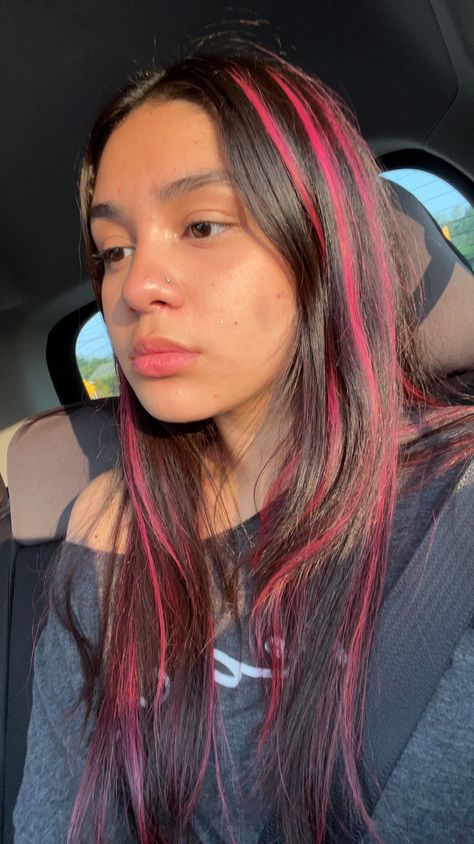 Hot Pink Underneath Hair Brown, Pink Hair Dye On Brown Hair, Brown Hair Pink Streaks, Brown Hair With Pink Underneath, Pink Streaks In Brown Hair, Natural Dark Brown Hair, Pink Underneath Hair, Draculaura Hair, Brown Hair With Pink Highlights