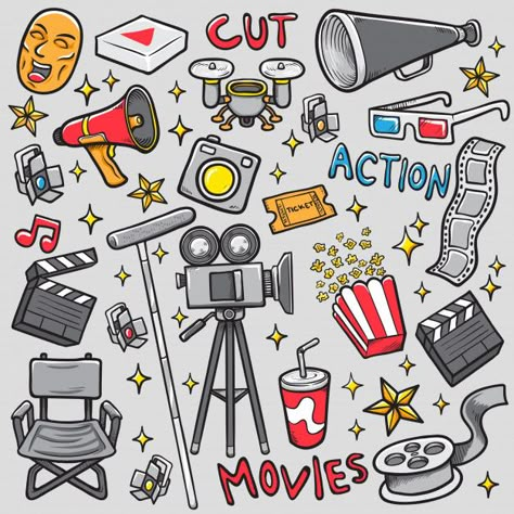 Film Doodle, Movie Doodles, Icon Doodles, Cinema Icon, Coloring Illustration, Movie Icon, Watch Drawing, Cinema Design, Vector Doodle