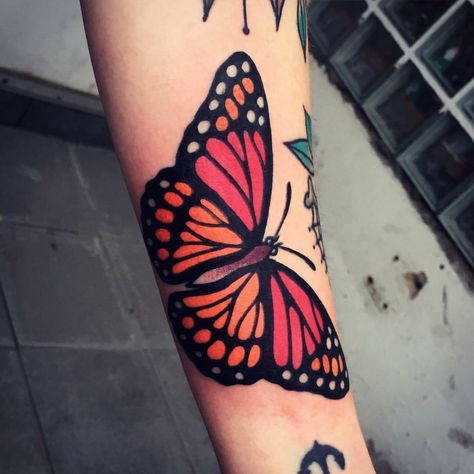 Neo Traditional Monarch Butterfly Tattoo, New School Butterfly Tattoo, Neo Traditional Butterfly Tattoo, Elbow Butterfly Tattoo, American Traditional Butterfly Tattoo, Old School Butterfly Tattoo, Color Butterfly Tattoo, Shin Tattoos, Chin Tattoo