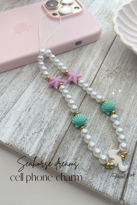 Under the Sea Shell Seahorse Themed Cell Phone Charm | Starfish Clam Pearl Beaded Phone Strap | Stone powder beads | Beach Themed Beach Phone Charms, Btob Concert, Concert Gift Ideas, Shell Seahorse, Clam Pearl, Colorful Prom Dresses, Beaded Phone Strap, Concert Gift, Beaded Designs