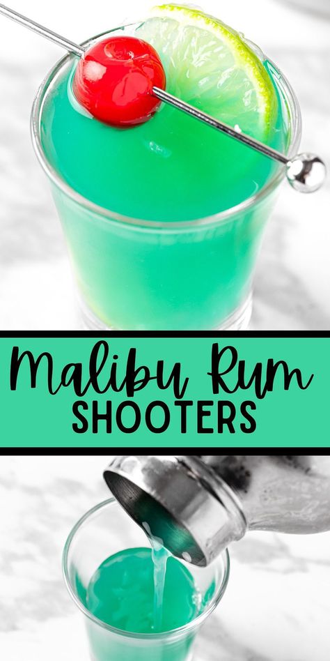 These Malibu rum shooters are the perfect shots to serve to guests at a summer party. A combination of Malibu coconut rum, mango juice and blue curaçao give these shots a fruity boost of tropical flavor. Coconut Rum Shots, Malibu Rum Shots, Tropical Shots Recipes, Hawaiian Drinks Alcoholic Luau Party, Malibu Rum Shots Recipes, Malibu Shots Recipes, Easy Shooter Recipes, Tiki Shots, Alcoholic Shots For A Party