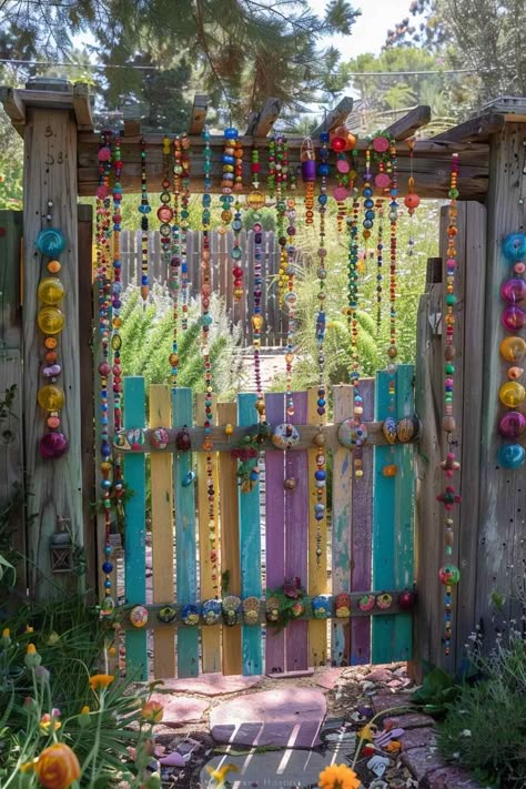 Boho Entrance, Magical Yard, Colorful Patio Decor, Garden Gate Ideas, Garden Entry, Garden Gate Design, Fairytale Garden, Colorful Patio, Bohemian Garden