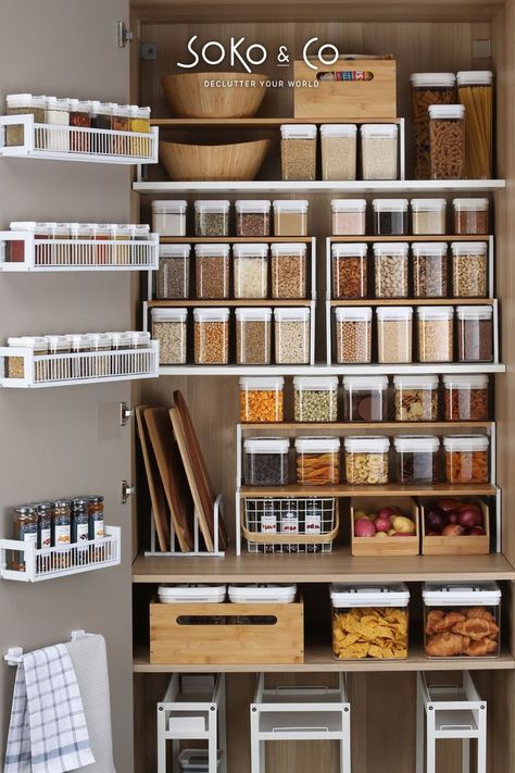 A kitchen pantry organised with white stackable bamboo pantry shelves, Flip Tite kitchen containers and wall-mounted spice racks Kitchen Mug Storage, Storing Jars, Elfa Shelving, Wall Mounted Spice Rack, Shoe Rack Furniture, Bamboo Kitchen, Pantry Shelves, Pantry Organisation, Bamboo Shelf