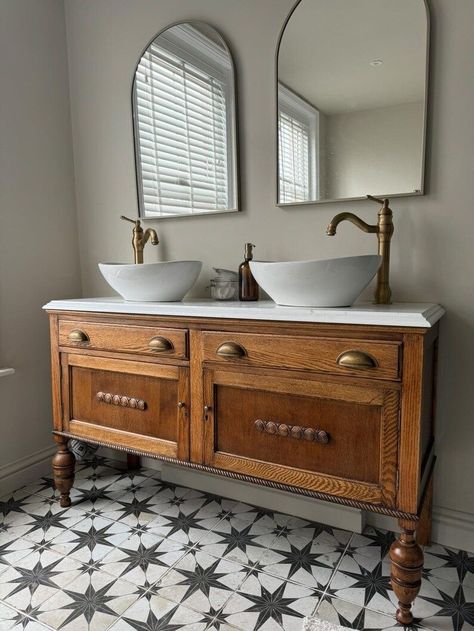 Large Farmhouse Bathroom Vanity, Bathroom With Vintage Vanity, Old Dresser As Bathroom Vanity, Small Edwardian Bathroom, Upcycled Sink Unit, Vintage Bathroom Storage, Old Dresser Bathroom Vanity, Antique Vanity Ideas, Antique Dresser Bathroom Vanity