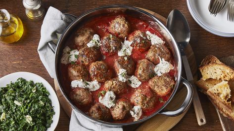 Meatballs in tomato sauce with burrata recipe - BBC Food Meatballs And Burrata, Chicken Cutlets With Melted Baby Tomatoes And Burrata, Chicken With Braised Tomatoes And Burrata, Meatballs Tomato Sauce, Ricotta Polenta With Drunken Meatballs, Pork Mince Recipes, Burrata Recipe, Braised Greens, Easy Spaghetti