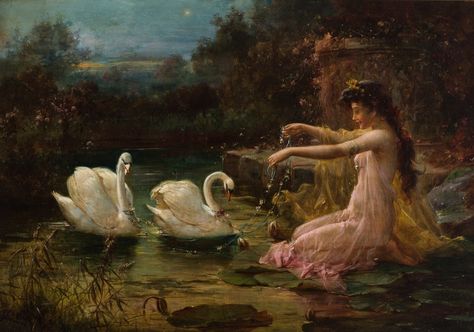 At the Swan Lake by Hans Zatzka Hans Zatzka, Era Victoria, Rennaissance Art, Fairytale Art, Historical Art, Old Paintings, Aesthetic Painting, Romantic Art, Ethereal Art