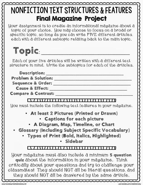 Informational Text Structures & Features Cumulative Assignment - Teaching with a Mountain View Text Structure Anchor Chart, Summarizing Nonfiction, Text Features Activities, Informational Text Features, Text Structure Worksheets, Informational Text Structures, Text Features Worksheet, Teaching Nonfiction, Nonfiction Text Structure