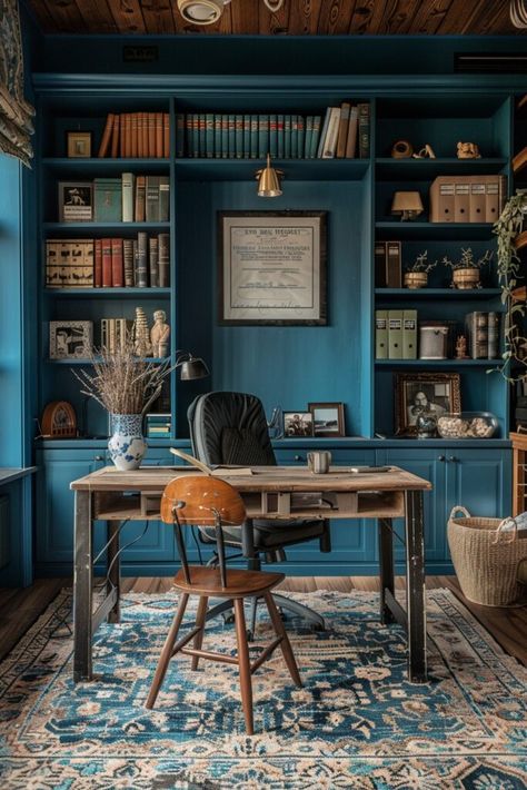 Blue Bohemian Home Office Vibes Bohemian Office Space, Bohemian Home Office, Interior Palette, Blue Home Offices, Peaceful Blue, Boho Bedrooms, Chic Office Decor, Decorative Shelves, Office Vibes