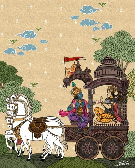 This artwork depicts a pivotal moment from the Mahabharata, showcasing a conversation between Shri Krishna and Arjuna. In a lesser-known yet significant story, it is believed that on Vijayadashami, the Pandavas concluded their 13-year exile imposed by their cousins and revealed their true identities to the Kauravas, igniting the events that eventually led to the Mahabharata war. Dussehra, therefore, not only commemorates Lord Rama’s triumph over Ravana but also marks the Pandavas’ emergence ... Krishna And Arjuna, Illustration Concept Art, The Mahabharata, Pichwai Paintings, Lord Rama, Indian Painting, Religious Paintings, Hinduism Art, Vedic Art