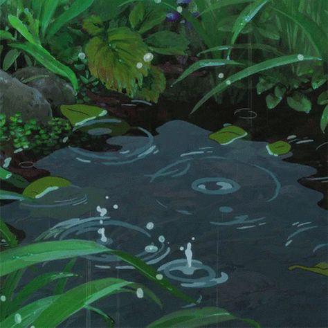 Moving Rain Animation | water rain green plant raining plants puddle rain drops animated GIF Green Animated Aesthetic, Green Aesthetic Animated, Falling In Water, Ghibli Gif, Cloud Gif, Water Drop Animation, Water Gif, Water Drop, River Animation