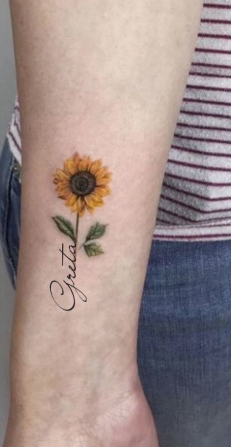 Sunflower With Name Tattoo, Disney Phone Cases, Sunflower Tattoos, Tattoo Feminina, Sunflower Tattoo, Name Tattoo, Word Tattoos, Flower Tattoos, Tattoo Drawings