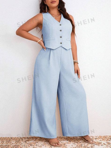 SHEIN Frenchy Plus Size Women's Fashion Solid Color Sleeveless Vest And Long Pants Set | SHEIN USA Co Ords, Sleeveless Vest, Long Pants, Pants Set, Women's Fashion, Solid Color, Plus Size, Free Shipping, Pants